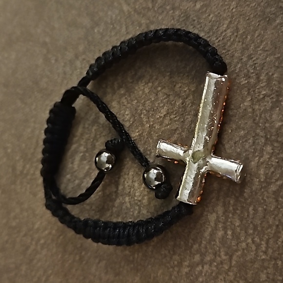 3/$30 Orange Paved Rhinestone Cross Macrame Adjustable Slide Bracelet - Picture 3 of 5
